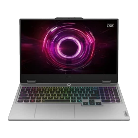 Lenovo LOQ 15AHP10 83JG006ATR FR72 gri oyuncu laptop, açık ekran ve RGB aydınlatmalı klavye ile önden görünüm
