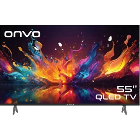Onvo 55OVF5000AQ Ultra HD 4K LED televizyon, siyah çerçeveli ekranında renkli soyut görüntü