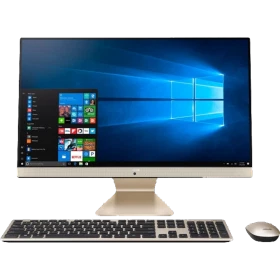 Asus Vivo V241FFK-BA030TS masaüstü bilgisayar, geniş ekranı klavye ve fareyle birlikte gösteriliyor