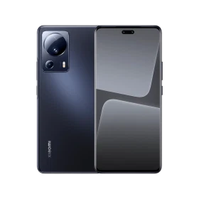 Xiaomi 13 Lite siyah akıllı telefonun ön ekranı ve arka kamera modülünü gösteren vitrin çekimi