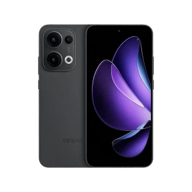 Oppo Reno 13 siyah akıllı telefon, ön ekran ve arka kamera modülüyle vitrin görünümü