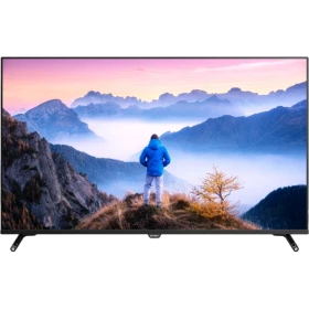 Axen AX49FIL27 Full HD FHD LED televizyon, dağ manzarası gösteren siyah ekranıyla önden görünüm