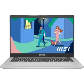 MSI Modern 14 C11M-216XTR gri ultrabook laptop; ekranında oyun görselleri ve MSI logosu görünüyor