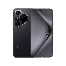 Huawei Pura 70 Pro siyah akıllı telefon, ön ekran ve arka üçlü kamera tasarımıyla vitrin görünümü