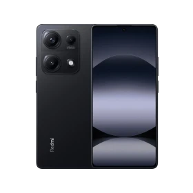 Xiaomi Redmi Note 14S siyah akıllı telefon, ön ekran ve arka üçlü kamera tasarımıyla vitrin görünümü