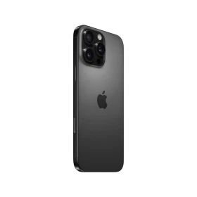 Apple iPhone 16 Pro Max Siyah Titanyum akıllı telefonun arka yüzü, üçlü kamera modülüyle yandan görünüm