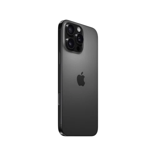 Apple iPhone 16 Pro Max Siyah Titanyum akıllı telefonun arka yüzü, üçlü kamera modülüyle yandan görünüm