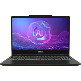 MSI VenturePro 15 A2RWEG50F08 gri oyuncu laptop; ekranda AI temalı arayüz ve açık klavye görünüyor.