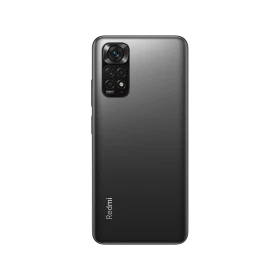 Xiaomi Redmi Note 11S siyah akıllı telefonun arka yüzü, dört kameralı modül ve Redmi logosu görünüyor