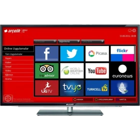 Arçelik A47-LB-9377 Full HD LED televizyon, akıllı TV uygulamaları menüsüyle önden görünür