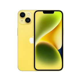 Sarı Apple iPhone 14 akıllı telefon, ön ekran ve arka çift kamera tasarımıyla önden ve arkadan görünüm