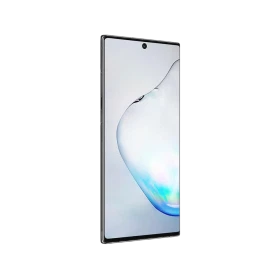 Samsung Galaxy Note 10 Plus siyah akıllı telefon, geniş ekranlı ön yüz tasarımıyla önden görünüm
