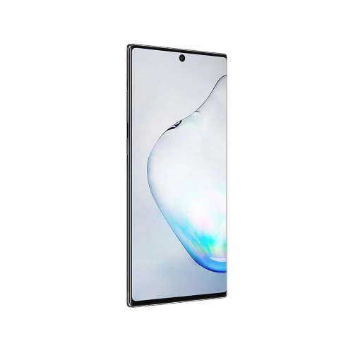 Samsung Galaxy Note 10 Plus siyah akıllı telefon, geniş ekranlı ön yüz tasarımıyla önden görünüm