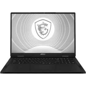 MSI CreatorPro X18 HX A14VKSG-481TR gri iş ve ofis laptopu ekranında ejderha logosu bulunan ön görünüm
