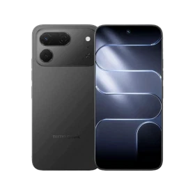 Tecno Spark 50 Pro gri telefonun ön ve arka yüzü, geniş ekranı ve kamera modülüyle birlikte gösteriliyor