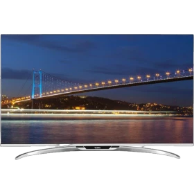 Vestel 47PF9090 Full HD LED televizyon, gece köprüsü manzarası gösteren ekran ve kavisli ayak tasarımı