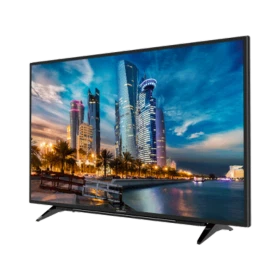 Grundig 49 VLX 7810 BP Ultra HD 4K LED televizyon, şehir manzarası gösteren ince çerçeveli TV
