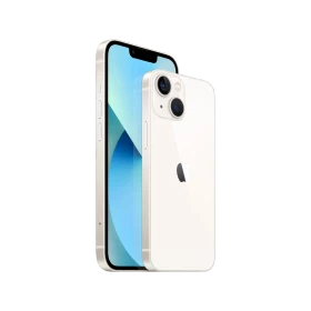 Beyaz Apple iPhone 13 akıllı telefonun ön ve arka görünümü, çift kamera ve tam ekran tasarım