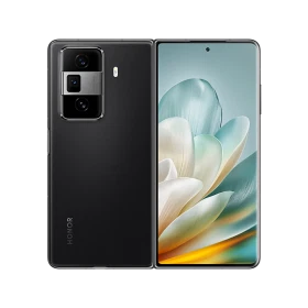 Honor Magic VS3 siyah akıllı telefonun ön ekranı ve arka kamera modülünü gösteren vitrin çekimi