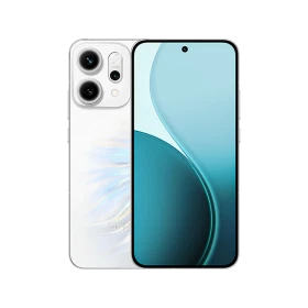 Oppo Reno 14 beyaz akıllı telefon, ön ekran ve arka kamera modülü görünümüyle vitrin çekimi