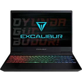 Casper Excalibur G770.1270-BVJ0X-B siyah oyuncu laptop; RGB arkadan aydınlatmalı klavye ve LED ekran logosu önde.
