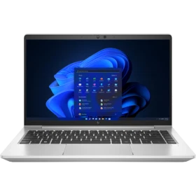 HP EliteBook 640 G9 81M83AA gümüş renk ultrabook laptop, ön görünümde açık ekranıyla.