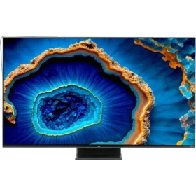 TCL 75C755 Ultra HD 4K LED televizyon ekranında canlı mavi desen, siyah çerçeve.