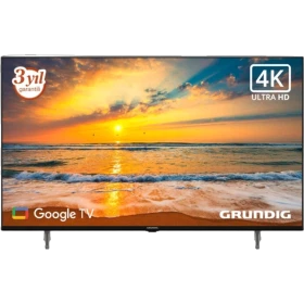 Grundig 43 GJU 7000 B Ultra HD 4K LED televizyon, gün batımı ve sahil manzarası gösteren ekranıyla