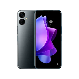 Tecno Spark 9T siyah akıllı telefon, ön ekran ve arka kamera modülüyle vitrin görünümü