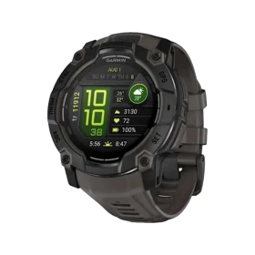 Gri Garmin Instinct 3 AMOLED 50mm aktivite saati, renkli ekranı ve dayanıklı kordonuyla önden görünüm