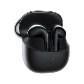 Xiaomi Buds 6 Tam Kablosuz siyah kulaklık, açık şarj kutusu içinde önden görünür