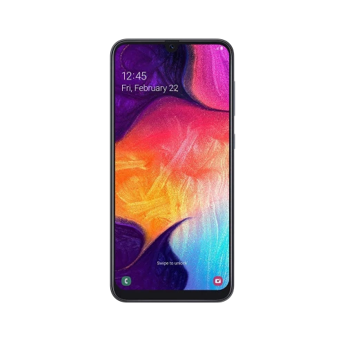 Samsung Galaxy A50 siyah akıllı telefon, önden tam ekran görünüm ve damla çentikli tasarım, vitrin çekimi