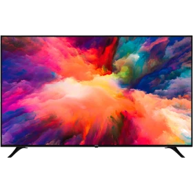 Vestel 75UD9655 Ultra HD 4K LED televizyon, ince çerçeveli siyah tasarımı ve renkli ekranıyla önden görünüm