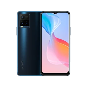 Vivo Y21a mavi akıllı telefon, vitrin görselinde ön ekran ve arka kamera modülü görünümü