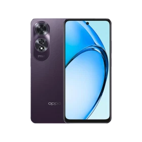 Mor Oppo A60 akıllı telefon, ön ekran ve arka kamera modülüyle önden ve arkadan görünüm