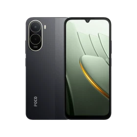 Poco C81 Pro gri akıllı telefon; arka kamera modülü ve önde ekran tasarımı birlikte görünüyor.
