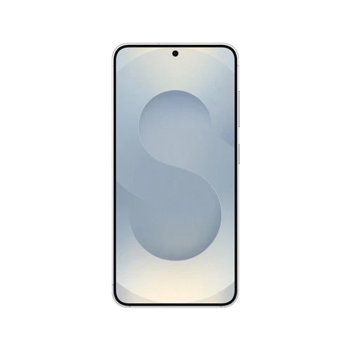 Gümüş Samsung Galaxy S25 akıllı telefon, ön yüz tasarımı ve tam ekran görünümüyle siyah arka plan üzerinde