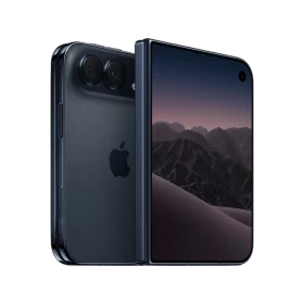 Apple iPhone Duo siyah telefonun ön ve arka yüzü, çift kamera ve dağ manzaralı ekranıyla birlikte