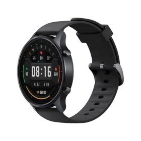 Xiaomi Mi Watch Color siyah akıllı saat, yuvarlak renkli ekranı ve silikon kordonuyla önden görünüm