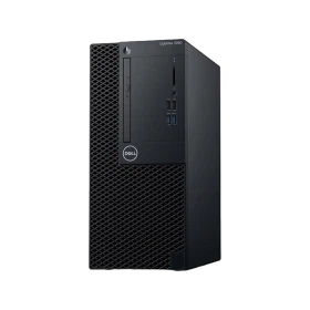 Dell Optiplex 3060 masaüstü bilgisayar, siyah kasası ve ön panel bağlantılarıyla önden görünür