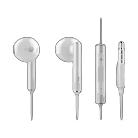 Huawei AM116 Kablolu gri kulaklık, kulaklık uçları ve mikrofonlu ses kontrol kumandasıyla gösteriliyor