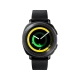 Siyah Samsung Gear Sport akıllı saat, yuvarlak ekranında renkli aktivite göstergesi ve silikon kayışla görüntüleniyor.