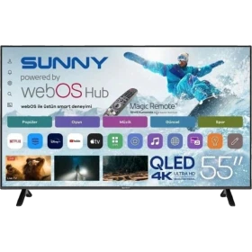 Sunny SN55QMN252C-S Ultra HD 4K TV, webOS ekranı ve ayaklı tasarımıyla önden görünüm