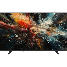 Vestel 50QT9850 Ultra HD 4K QLED televizyon, siyah çerçeveli ekranında renkli soyut görüntüyle.