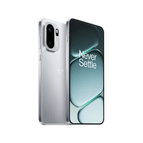 Gümüş OnePlus Ace 6 akıllı telefon, ön ekranı ve çift arka kameralı şık tasarımıyla önden ve arkadan görünüm
