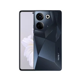 Tecno Camon 20 Pro siyah akıllı telefon, ön ekran ve geometrik desenli arka yüzey vitrin görünümü