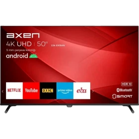 Axen AX50FIL403 Ultra HD 4K LED televizyon, 50 inç siyah ekranlı ve ince ayaklı tasarım