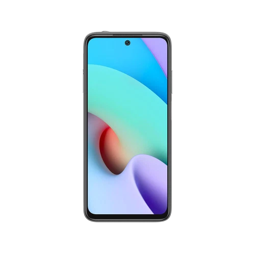 Siyah Xiaomi Redmi 10 akıllı telefonun ön yüzü, tam ekran görünümü ve merkezde ön kamera detayı