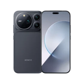 Honor Magic9 Pro Max siyah telefonun ön ve arka tasarımı, üçlü kamera sistemi ve geniş ekranı