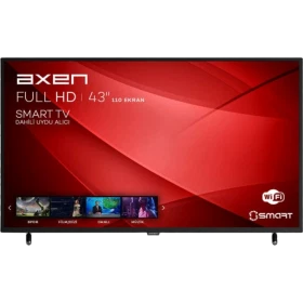 Axen AX43DIL13-TNR Full HD 43 inç LED televizyon, kırmızı ekran arayüzü ve siyah çerçevesiyle önden görünüm